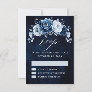Dusty Blue Slate Navy Floral Botanical Wedding RSV RSVP Kaartje