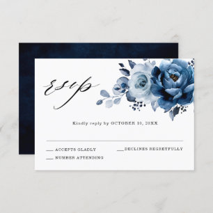 Dusty Blue Slate Navy Floral Botanical Wedding RSVP Kaartje