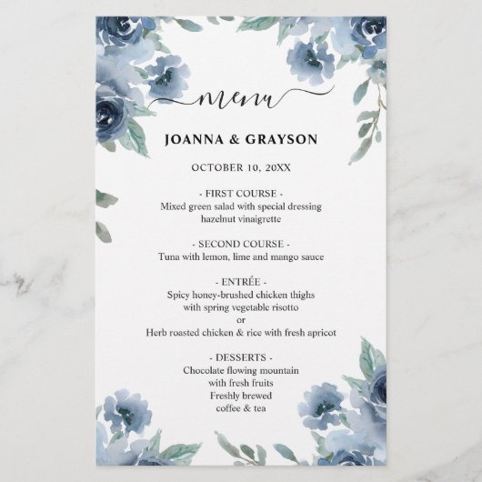 Dusty Blue Slate Navy Floral Wedding Menu (Voorkant)