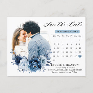 Dusty Blue Slate Navy Floral Wedding Save the Date Briefkaart