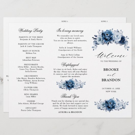 Dusty Blue Slate Navy Programme de mariage botaniq (Devant / Derrière)