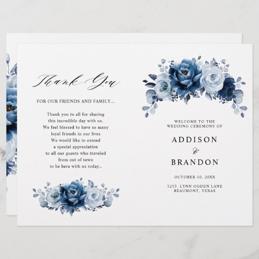 Dusty Blue Slate Navy Programme de mariage botaniq (Devant / Derrière)