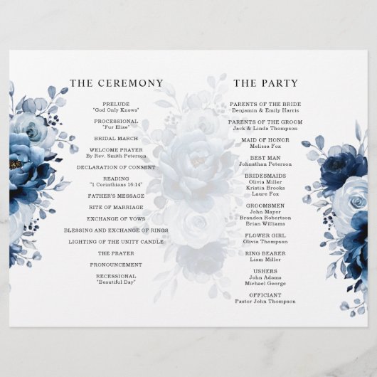 Dusty Blue Slate Navy Programme de mariage botaniq (Dos)