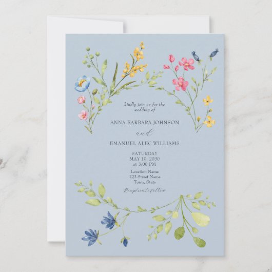 Dusty Blue Spring Fleur sauvage Faire-part de mari (Devant)