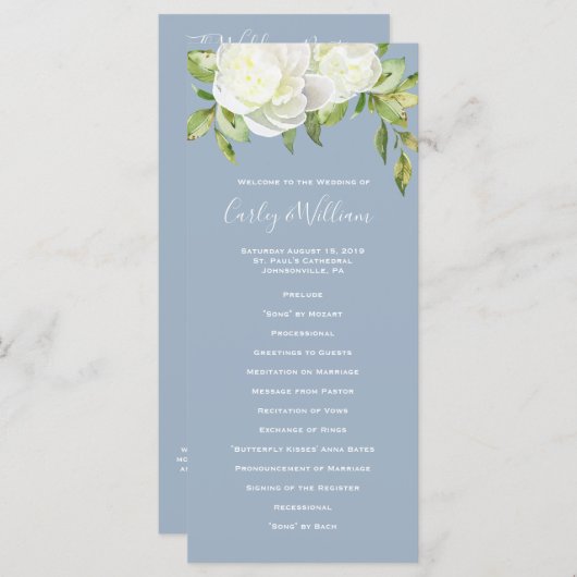 Dusty Blue Spring Floral Peony Programme de mariag (Devant / Derrière)