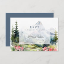 Dusty Blue Spring Mountains Wedding RSVP Kaart
