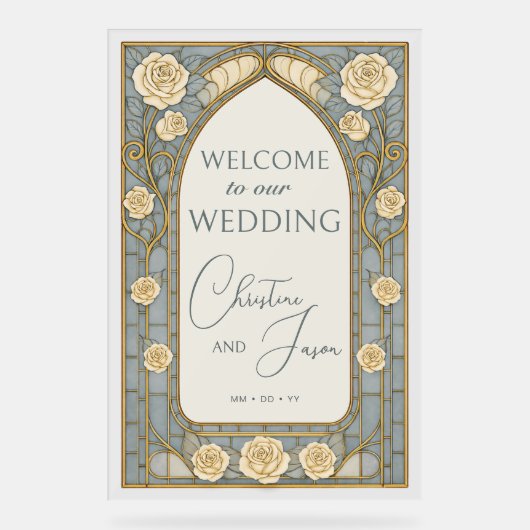 Dusty Blue Stained Glass Floral Wedding Welcome  (Recto)