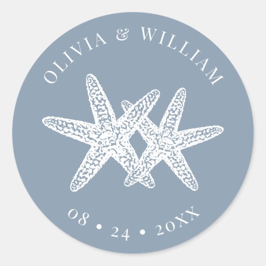 Dusty Blue Starfish Beach Kustbruiloft Ronde Sticker (Voorkant)
