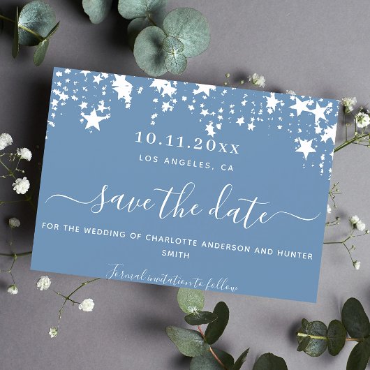 Dusty blue sterren bruiloft met uitzondering van d save the date
