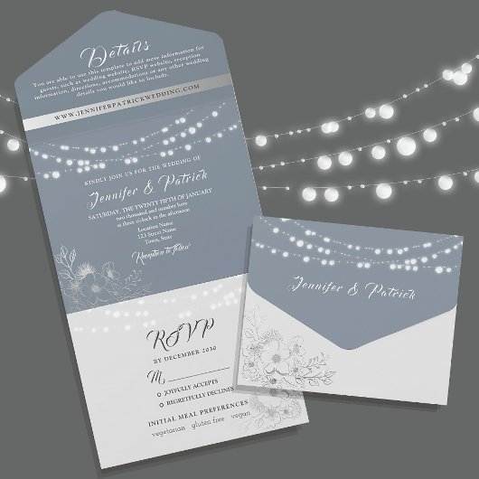 Dusty Blue String Lights Bruiloft All In One Uitnodiging