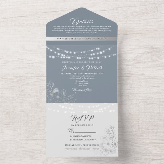 Dusty Blue String Lights Bruiloft All In One Uitnodiging (Binnen)