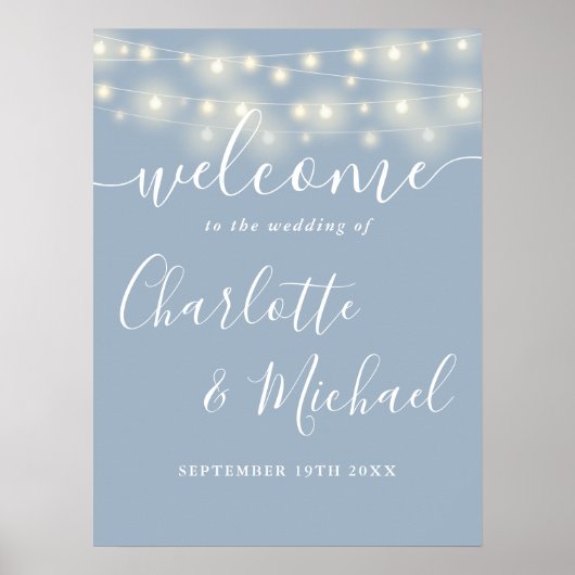Dusty Blue String Lights Bruiloft Welkomstbord Poster (Voorkant)