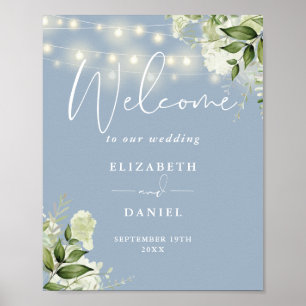 Dusty Blue String Lights Floral Bruiloft Welkom Poster