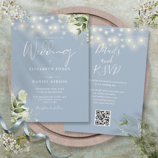Dusty Blue String Lights Floral QR Code Bruiloft Kaart