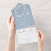 Dusty Blue String Lights Foliage Floral Wedding All In One Uitnodiging (Afscheurbaar)