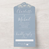 Dusty Blue String Lights Modern Script Bruiloft All In One Uitnodiging (Binnen)
