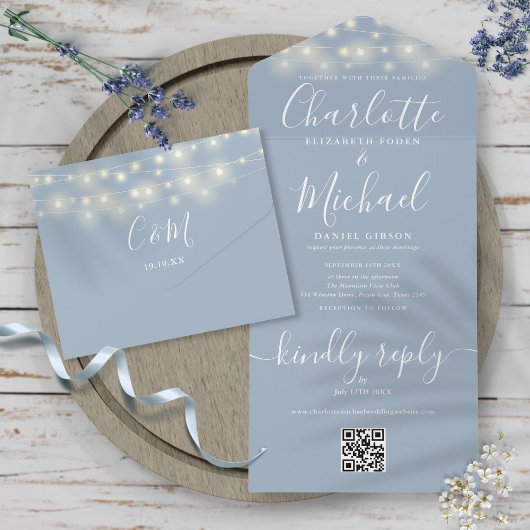 Dusty Blue String Lights QR Code Monogram Weddensc All In One Uitnodiging