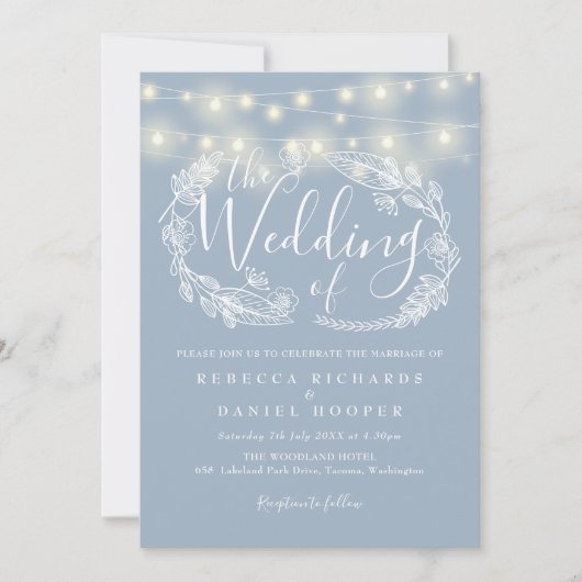 Dusty Blue String Lights Script Weddenschap Kaart (Voorkant)
