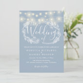Dusty Blue String Lights Script Weddenschap Kaart (Staand voorkant)