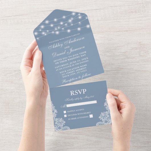 Dusty Blue String Lights Wedding All In One Uitnodiging (Afscheurbaar)