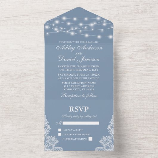 Dusty Blue String Lights Wedding All In One Uitnodiging (Binnen)