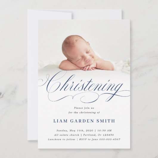 Dusty Blue Subtle Cross Script Christening Boy Kaart (Voorkant)