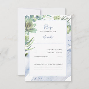 Dusty Blue Succulenten Groen Bruiloft RSVP Kaartje