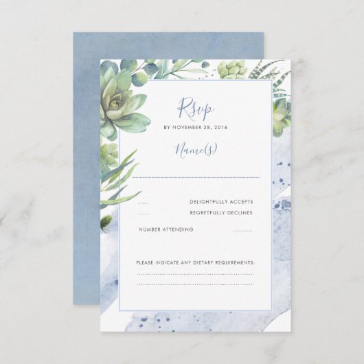Dusty Blue Succulents Verdure Mariage RSVP (Devant / Derrière)