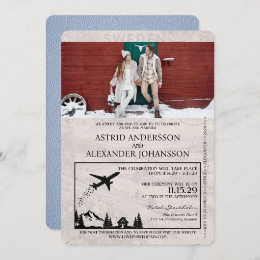 Dusty Blue Suède Passeport Faire-part de mariage (Devant / Derrière)