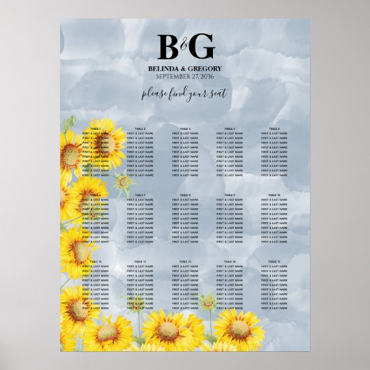 Dusty Blue Sunflower Wedding Seating Chart Poster (Voorkant)