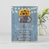 Dusty Blue Sunflower Wood Barrel Rustic Wedding Kaart (Staand voorkant)