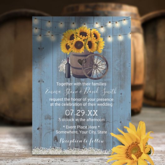 Dusty Blue Sunflower Wood Barrel Rustic Wedding Kaart