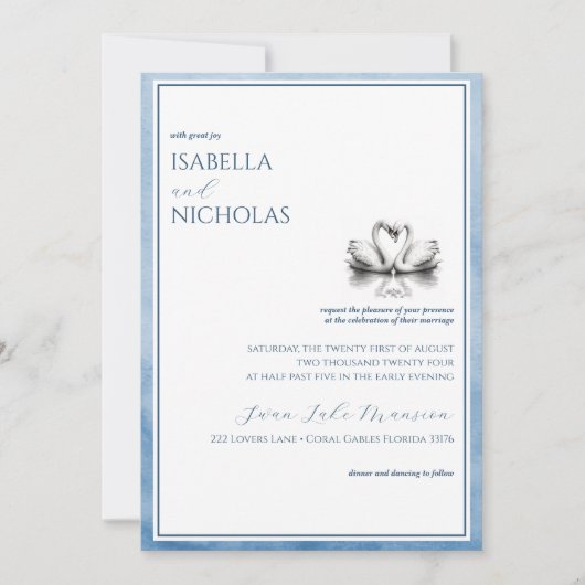 Dusty Blue Swan Lake Faire-part de mariage (Devant)