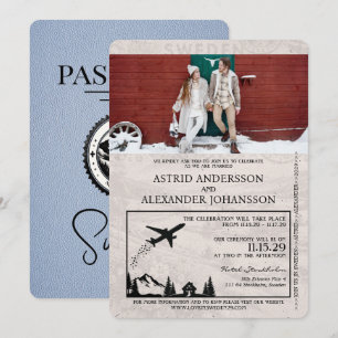 Dusty Blue Sweden Passport Wedding Invitation Kaart