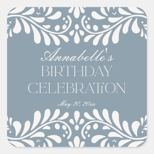 Dusty Blue Talavera Spaanse Fiesta Verjaardagsguns Vierkante Sticker (Voorkant)