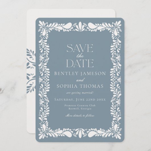 Dusty Blue Talavera Tegel Fiesta Save the Date Kaart (Voorkant / Achterkant)