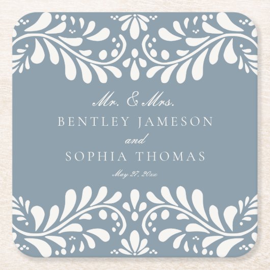 Dusty Blue Talavera Tegel Spaans Fiesta Huwelijk Vierkante Kartonnen Onderzetter (Voorkant)