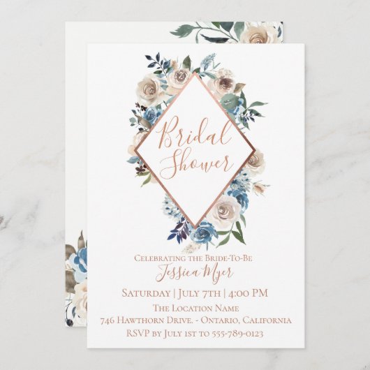 Dusty Blue Taupe Bloemen Bruids Douche Uitnodiging (Voorkant / Achterkant)