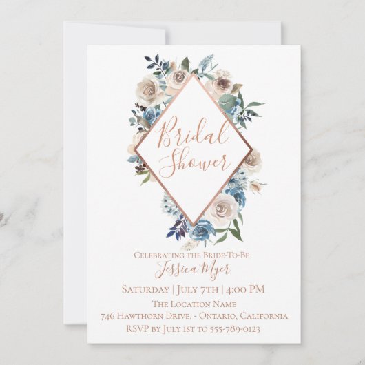 Dusty Blue Taupe Floral Bridal Shower Invitation (Devant)