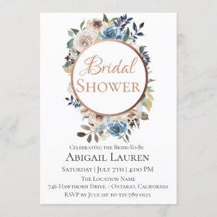 Dusty Blue Taupe Floral Bridal Shower Kaart