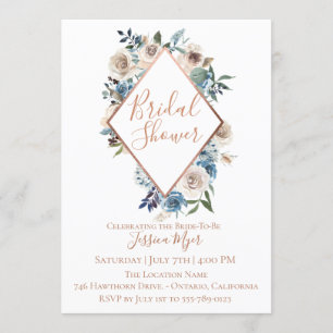 Dusty Blue Taupe Floral Bridal Shower Kaart