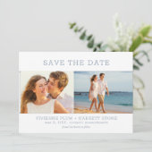 Dusty Blue Text Three Photo Wedding Save The Date (Staand voorkant)