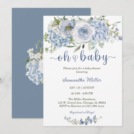 Dusty Blue Theme Baby shower Sjabloon Kaart (Voorkant / Achterkant)