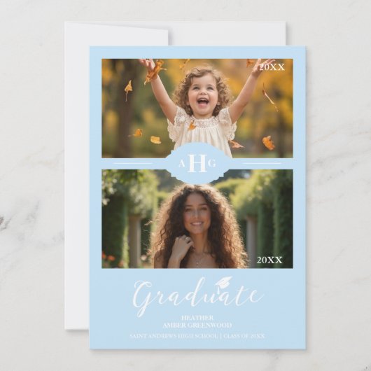 Dusty Blue Then & Now Timeline Graduate 2-Photo Kaart (Voorkant)