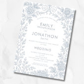 Dusty Blue Toile De Jouy Border QR Code Trouwen Kaart