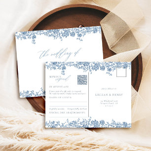 Dusty Blue Toile Rozen Elegant QR Wedding Response Briefkaart