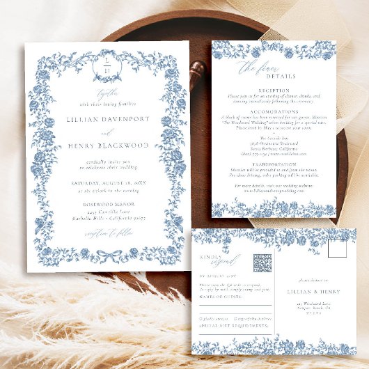 Dusty Blue Toile Rozen Elegant QR Wedding Response Briefkaart