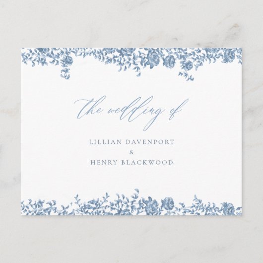 Dusty Blue Toile Rozen Elegant QR Wedding Response Briefkaart (Voorkant)
