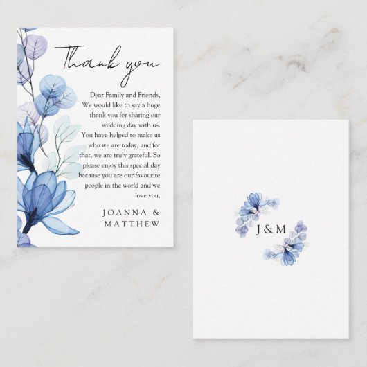 Dusty Blue Transparant Bloemen Bruiloft Dank u Plaatskaartje (Voorkant / Achterkant)