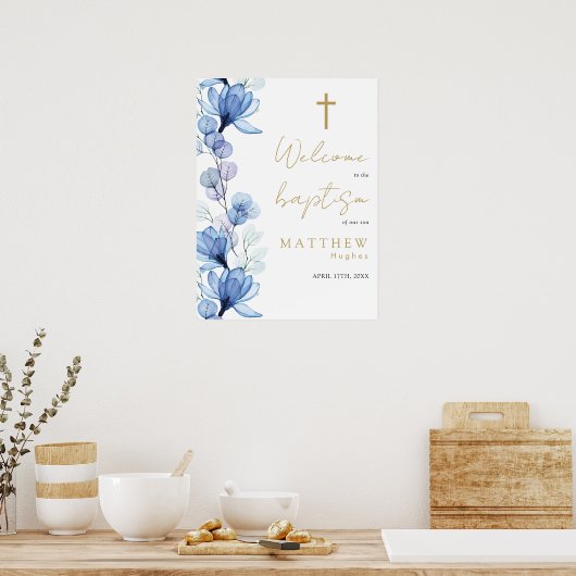 Dusty Blue Transparent Floral Baptism Affiche de b (Cuisine)